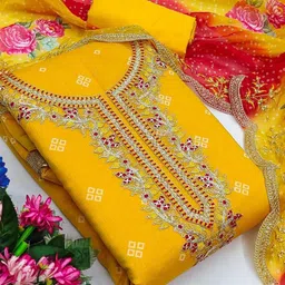 KALINI Yellow Chanderi Cotton Digital Print With Coding Work Unstitched Dress Material image 4