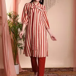Sangria Striped Tie-Up Neck Straight Kurta-image-19