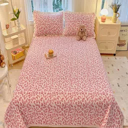 JC HOME Pink and White Textured Double Bed With Pillow Covers-image-54