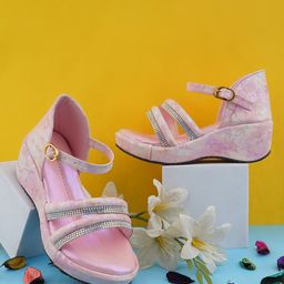 LMG Lifestyle Girls Printed Wedge Heel Sandals with Ethnic - Embellished-1