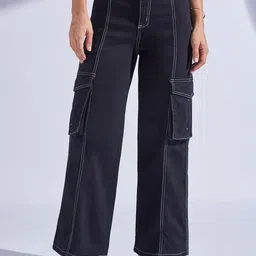 Miss Chase Women Wide Leg High-Rise Heavy Fade Stretchable Cargo Style Jeans-picture-22