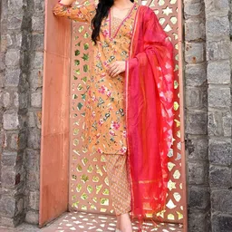 Sangria Women Floral Printed Regular Thread Work Pure Cotton Kurta with Trousers & With Dupatta-picture-16