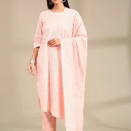 Anouk Pink Floral Embroidered Round Neck Pure Cotton Straight Kurta with Trouser & Dupatta-picture-52
