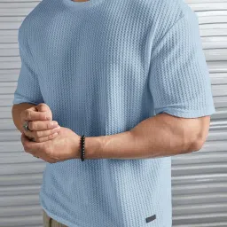 Oversized Men Self Design Crew Neck Polycotton Light Blue T-Shirt-image-2