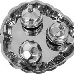 Traditional Handcrafted Brass Thali kumkum Plate for Pooja/Worship –Leaf 3 bowl Silver-image-8