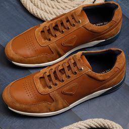 EZOK Men Tan Leather Sneakers-image-107
