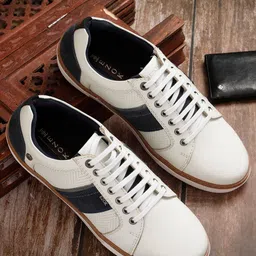 EZOK Men White Colourblocked Leather Sneakers-image-97