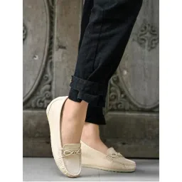 Shoetopia Smart Casual Buckle Detailed Cream Loafers for Women-picture-31