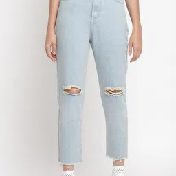 Belliskey Women Boyfriend Fit Mid-Rise Light Shade Slash Knee Cropped Cotton Jeans-image-59