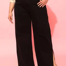 CURVY STREET Plus Size Women Black Comfort Mid-Rise Flared Pure Cotton Jeans-image-45