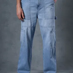 Bewakoof Men Straight Fit High-Rise Light Fade Whiskers Cotton Cargo Carpenter Jeans-image-40