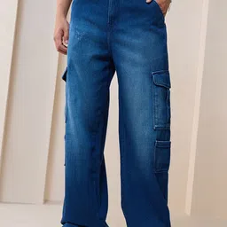 Bewakoof Men's Blue Baggy Straight Fit Cargo Jeans-picture-33