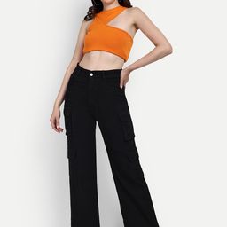 BROADSTAR Women Black Smart Wide Leg High-Rise Stretchable Cargo Jeans-image-40