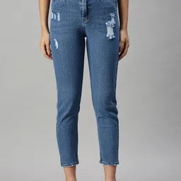 SHOWOFF Women Navy Blue Mom Fit High-Rise Low Distress Stretchable Jeans-image-85