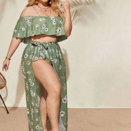 Plus Curvves Women Printed Off-Shoulder Swim Set-6