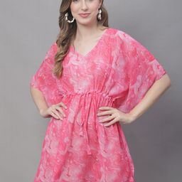 Claura Pink & White Tie and Dye V Neck Swimwear Cover Up kaftan Dress-image-51