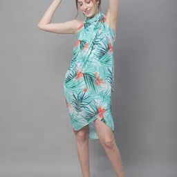 Claura Green & Orange Tropical Printed Swimwear Sarong-image-12