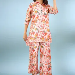 JISORA Peach & Red Floral Printed Pure Cotton Top & Trousers-picture-5