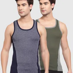 SPORTO Men Pack Of 2 Grey and Green Solid Pure Cotton Rib Innerwear Vest-picture-28