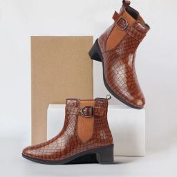 Flared Heel High Ankle Leopard Print Embossed Winter Buckle Strap Chelsea Boots For Women-7