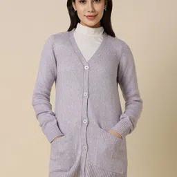 Allen Solly Woman Striped V-Neck Pure Acrylic Longline Cardigan-picture-15