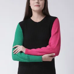 Club York Women Black Colourblocked Round Neck Acrylic Sweater-image-38