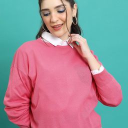Tokyo Talkies Pink Round Neck Long Sleeves Acrylic Pullover Sweater-image-81