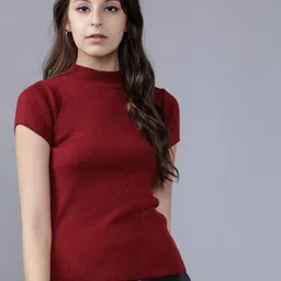 Tokyo Talkies Women Red Solid Pullover Sweater-image-88