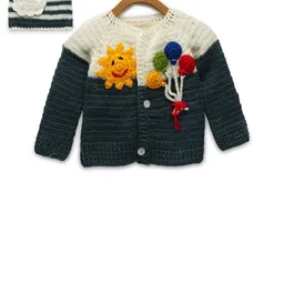 CHUTPUT Unisex Kids Cream-Coloured & Yellow Embroidered Cardigan & Binnie-10