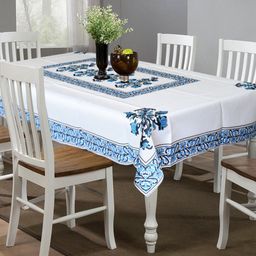 Kuber Industries Blue & White Printed 6 Seater Cotton Table Cover-10