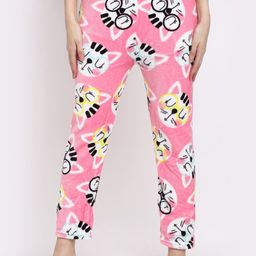 NEUDIS Women Pink & White Printed Slim Fleece Lounge Pants-image-63