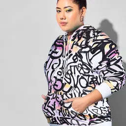BEYOUND SIZE - THE DRY STATE Women Plus Size White Printed Hooded Fleece Sweatshirt image 4
