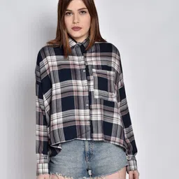 chimpaaanzee Women Boxy Fit Checkered Spread Collar Casual Shirt-picture-43