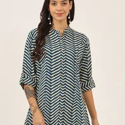 BAESD Women Printed Mandarin Collar Roll-Up Sleeves Cotton Longline Top-image-10