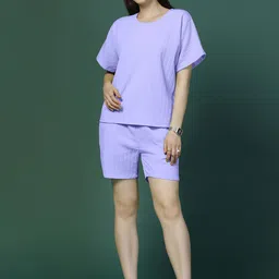 Moda Rapido LavendarTextured Round Neck Cotton Blend Casual Top With Shorts-picture-57
