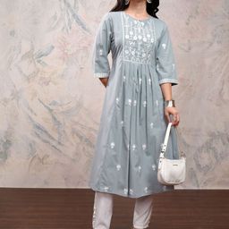 Vishudh Grey Floral Embroidered Thread Work A-Line Kurta-picture-11