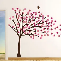 LANSTICK Pink & Brown Tree with Birds Self Adhesive Wall Sticker-14