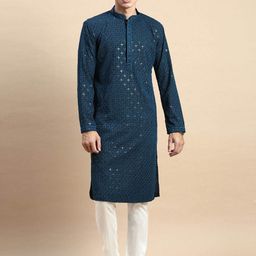 Rishika Men Ethnic Motifs Embroidered Regular Sequinned Pure Cotton Kurta with Pyjamas-23