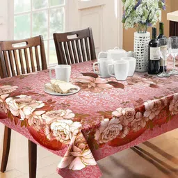 Dakshya Industries Red Floral Waterproof Plastic 6-Seater Table Cover-10