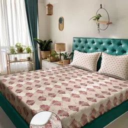 KLOTTHE Beige & Maroon Floral Pure Cotton 400TC Fitted Double King Bedsheet Set-2.5mX2.25m-image-97