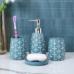 Myntra Elegant Homes Teal & White 4 piece Geometric Resin Bath Accessories Set-image-6