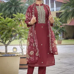 DIVASTRI Women Ethnic Motifs Yoke Design Regular Sequinned Chanderi Silk Kurta with Trousers & With Dupatta-1