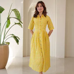 DIMPLE DESIGN STUDIO Women Yellow Checks Pure Cotton Shirt Dress-image-55