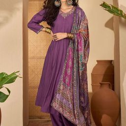 Banwaree Ethnic Motifs Yoke Design Thread Work Pure Silk Kurta with Trousers & Dupatta-image-2