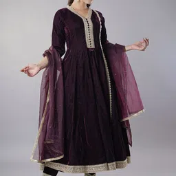 Utsav Fashion Floral Yoke Design Sequinned Velvet Anarkali Kurta with Trousers & Dupatta-26