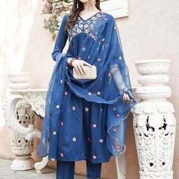 Berrylicious Embroidered Thread Work Pure Silk A-Line Kurta with Trousers & Dupatta-image-58