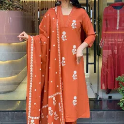 URMIR FASHION Women Orange Embroidered Viscose Rayon Straight Kurta & Trousers With Dupatta-picture-44