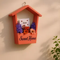 GLOBALLY INDIAN Peach Colored Wooden Wall Hanging Shelf With Flower-image-5