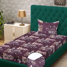 KLOTTHE Purple & Pink Floral Printed 300 TC Fitted Single Bedsheet - 2.25 m X 1.50 m-image-91