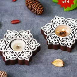 eCraftIndia Brown & White 4 Pieces Textured Wooden Tea Light Candle Holders-6